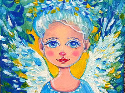 Acrylic Painting "Cartoon Angel" - Yellow and Blue Colors angel art fairy tile hand painted handmade illustration paint painting patriotic style ukraine