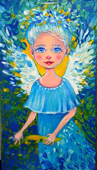 Acrylic Painting "Cartoon Angel" - Yellow and Blue Colors angel art fairy tile hand painted handmade illustration paint painting patriotic style ukraine