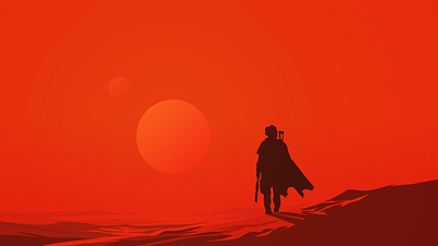 An adventurer is exploring dunes on a distant planet 2 art desert dubai dune flat illustration illustration logo minimal orange scifi starwars sunset wallpaper