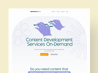 Optimized Writer - Playful Copywriting Service clean colorful website content service content writer copy service copywriting design ui diseño web homepage landing page saasproduct web illustrations website design writing tool landing page