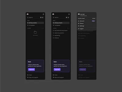 Inkline.AI Sidebar Redesign ai tool ai writing tool app artificial intelligence dark mode dashboard design system dropdown interface minimalist navigation product design sidebar ui uiux user experience user interface ux web app