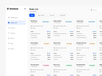 DineDash - Order List design food ordering system order management pos system restaurant dashboard restaurant pos table management ui ui design web design website