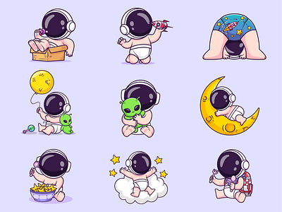 Baby Astronaut👶🏻🧑🏻‍🚀🚀 alien astronaut baby balloon box boy character cloud cute diaper doodle flat icon illustration logo moon rocket snack space vector