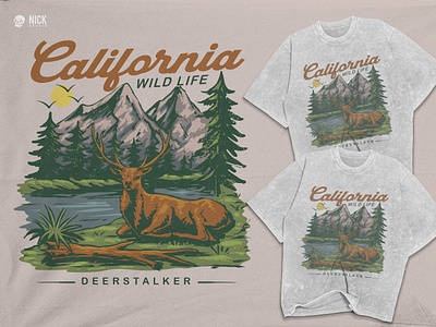 California adventure illustration apparel design classic deer hand drawing hand drawn hunting illustration merchandise nature old school outdoor gear retro badge river riverside tshirt design vintage vintage badge vintage design wildlife