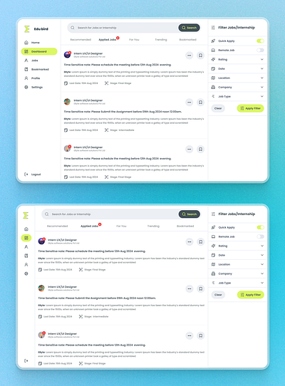 Dashboard UI for jobs app dailyui dashboard design filter graphic design jobs search ui uiux ux