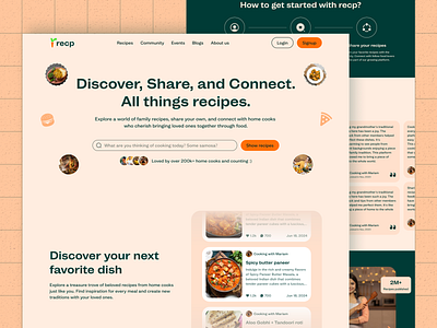 Recp - Website UI/UX design for Community-based recipe sharing adobe xd brutalism web design community landing page design figma food landing page landing page landing page ui landing page ux design modern web design orange color pastel theme recipe landing page trending landing page ui design ux design web design website design