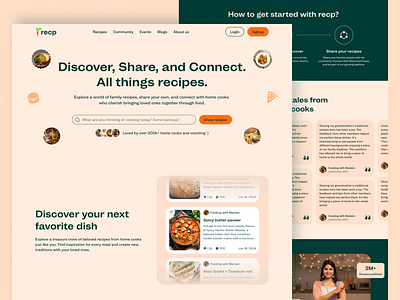 Recp - Website UI/UX design for Community-based recipe sharing adobe xd brutalism web design community landing page design figma food landing page landing page landing page ui landing page ux design modern web design orange color pastel theme recipe landing page trending landing page ui design ux design web design website design
