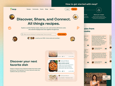 Recp - Website UI/UX design for Community-based recipe sharing adobe xd brutalism web design community landing page design figma food landing page landing page landing page ui landing page ux design modern web design orange color pastel theme recipe landing page trending landing page ui design ux design web design website design