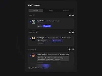 Dark Mode Notifications alerts clean component dark mode dark ui design interface messages navigation notifications overlay product saas settings sidebar tabs ui ui design ux ux design