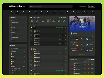 Live Score Website Dashboard - SportScore betting webstie dashboard ui football football live score green design landing page live score live score website live score website ui sports bet sports bet website sports score sports website ui ui design ux website ui