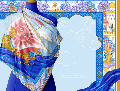 «Russian fairy tale». Traditional tracery for headscarf. annapogulyaeva annapogulyaeva art boat branding church design fabric fish floral pattern forest graphic design headscarf illustration ornament river russian print sun textile design tracery vector illustration