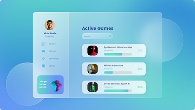 Gaming User Dashboard - Glassmorphism UI 3d animation branding ui user experience