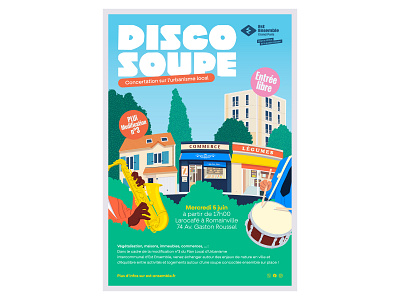 Affiche Disco Soupe - Est Ensemble 93 badge banlieue parisenne branding design graphic design illustration illustration poster logo musicians paris poster poster design saine saint denis saxophone tambourin typography vector