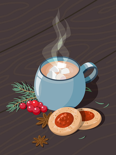 Hotter cocoa on a winter's evening branding christmas tree cocoa cup design graphic design illustration logo marshmallow new year postcard still life vector