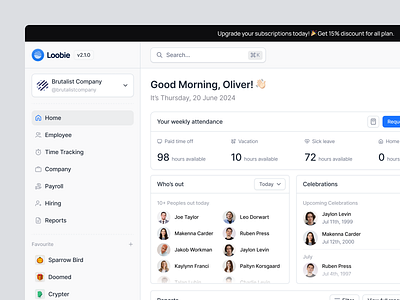 Loobie - HR Dashboard admin dashboard charts clean employee employer management hr dashboard hr management hr management dashboard hrd human resource minimalist people product design saas saas product ui design uiux web design