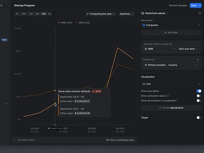 Attio – Reporting comparing over time attio cards charts comparision configuration crm dark mode data graphs modern over time powerful reporting settings user centered visualisation