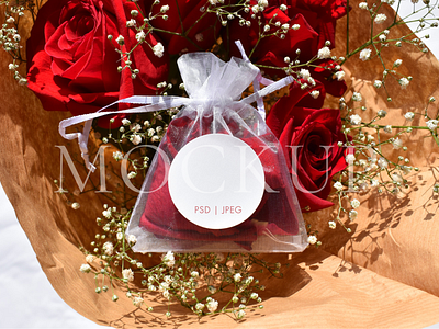 Fresh Roses | Round Sticker Label Wedding Favor Mockup branding circle mockup favor bag graphic design illustration mock up mockup photography psd mockup red roses round label smart object stationery design sticker styled image wedding favor