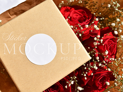 Round Sticker Label Mock-up on the rustic box with red roses box branding graphic design jpeg label mock up mockup photography psd round smart object stationery design sticker styled image styled photo wedding favor