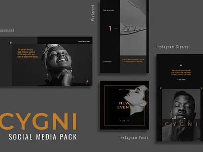 Cygni Social Media Pack agency black bold dark facebook fashion instagram posts instagram stories marketing minimalist modern photographer social media photography photoshop template pinterest psd yellow