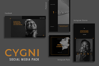 Cygni Social Media Pack agency black bold dark facebook fashion instagram posts instagram stories marketing minimalist modern photographer social media photography photoshop template pinterest psd yellow