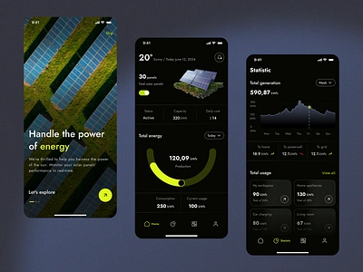 SolarWise - Solar panels management app analytics chart dark theme dashboard data energy fireart fireart studio green energy linę chart management mobile app modern monitoring onboarding solar solar panel app solar panels ui ux