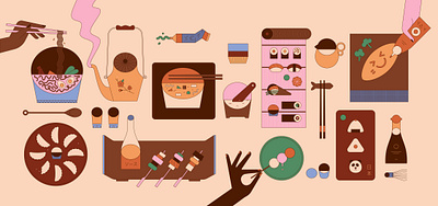 Umami asian cuisine illustration japanese junkfood nigiri noodles panda rice soya sushi takeaway tea tomato vector