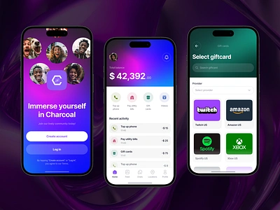 Charcoal — multifunctional social network mobile app app app design app ui design finance fintech giftcards ios app logo mobile app mobile design mobile ui multifunctional social network ui ui design ui ux ux web design welcome page