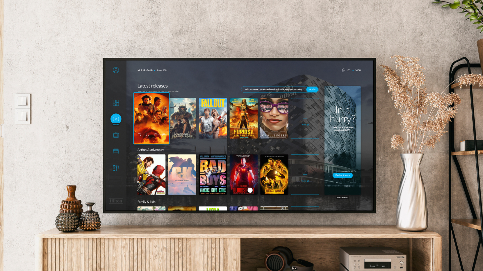 Next Gen in-room entertainment for Hilton Hotels 10ft ui audience research product vision prototype ux value proposition design