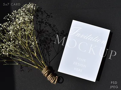 Boho 5x7 Invitation Card Mockup on Black Background 5 x 7 card mockup artwork black background boho photo branding design hand styled photo invitation mockup jpeg mock up object photography photograph psd smart object stationery mockup styled image styled white card image