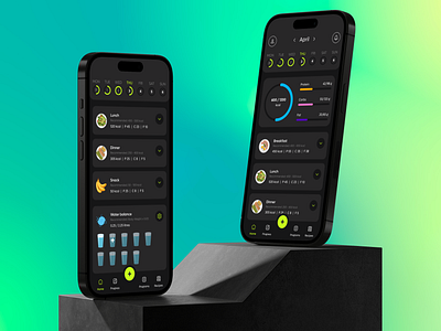 Dark Mode Food Tracker Mobile App app calories clean concept dark mode facts fitness food illustration ios lifestyle meals mobile app nutrition progress statistics tracking ui ux water