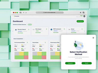 Dashboard UI design for Sustantis - ESG Automation b2b dashboard data environmental esg figma green infographic product product design saas service social stats sustainability ui user experience ux verification webdesign