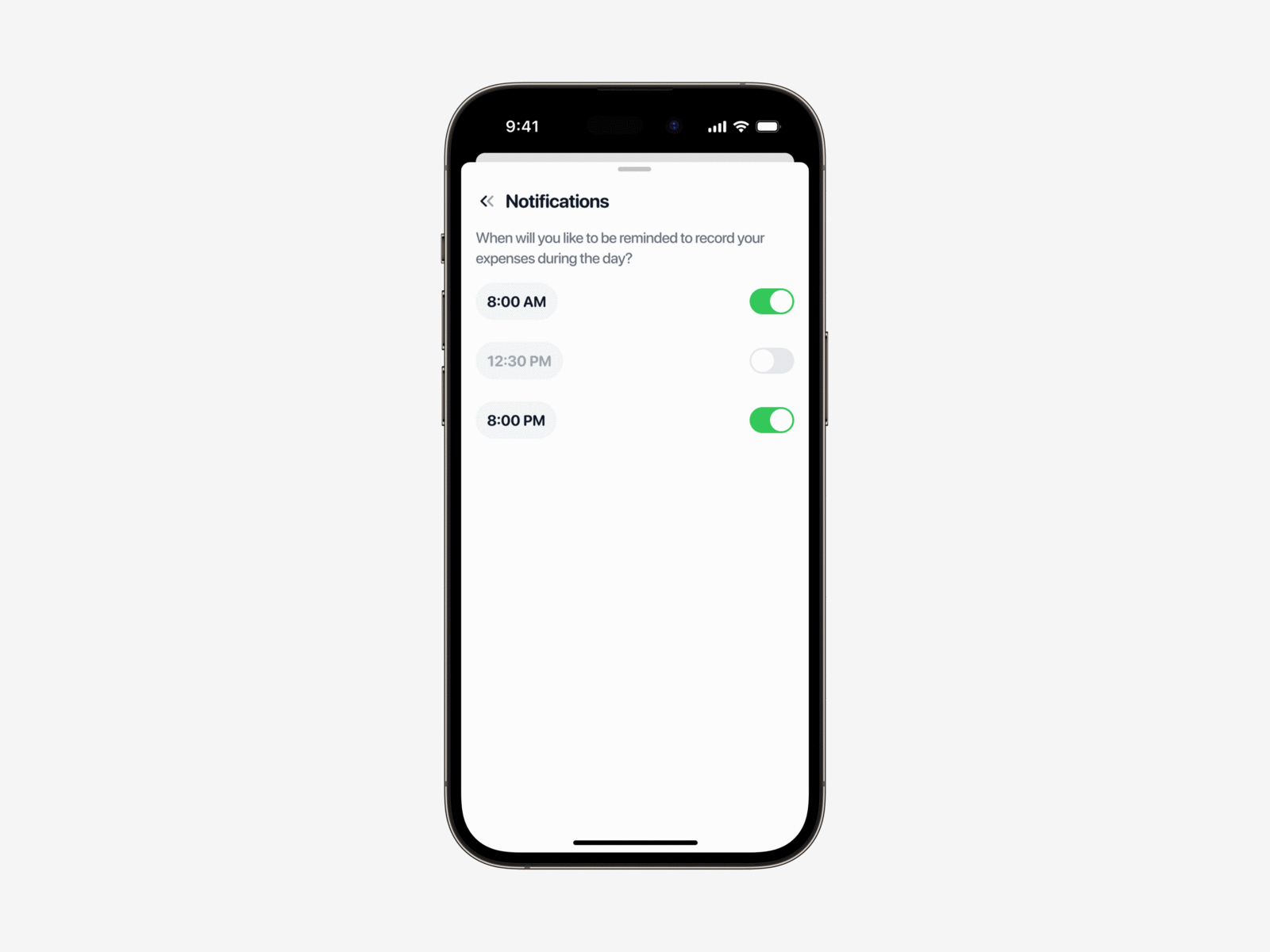 Set reminder - Expense Tracker bottom sheet dailyui dailyuichallenge expense tracker fintech green iphone mobile app notifications orange reminders toggle ui uidesign