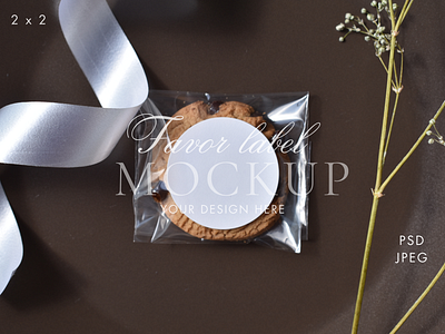 Wedding Favor Label Sticker Mockup | Cookie circle cookie hand styled favor photo label mockup object photography photograph photography psd jpeg png ribbon round smart object sticker mockup styled photo wedding favor mockup