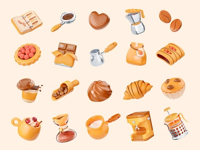 Coffee mania 3d beans berries blender break cake candy chocolate coffee cream croissant french heart icons illustration machine maffin menu pack set