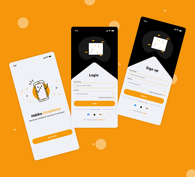 Hakika compliance Get started, Login, and Signup page UI design app design ui ux