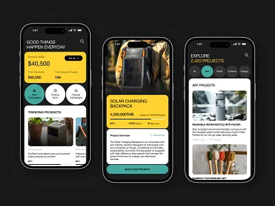 Fundraising App Design back project category page design donation fund homepage interface layout list page product page startup ui