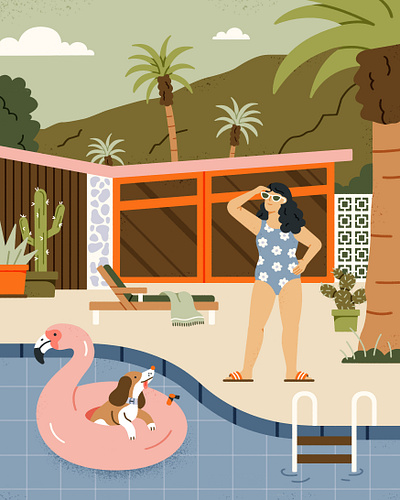 Pool Day dog drawing flamingo flamingo floatie illustration palm springs pool pool day summer sunbathing swim swimming