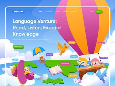 Laventure - Language Learning App Website 2d illustration app course app desire agency e learning app education education app homepage illustration illustration website ios app landing page learning online course study ui ux vector web website