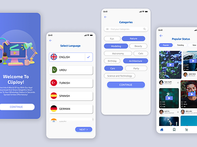 ClipJoy: Share Moments, Spread Smiles! animation appdesign cleandesign colorfului flatdesign interactiondesign microinteractions mobileapp moderndesign moment share app prototyping socialapp status app ui ui trends userexperience userinterface ux video sharing app videoapp