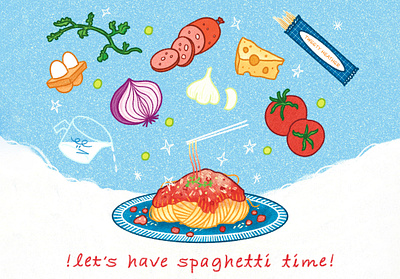 !Let’s have spaghetti time! art artwork cheese design egg food garlic illust illustration ipad lettering noodle onion photoshop salami spaghetti star texture tomato tweetyheather