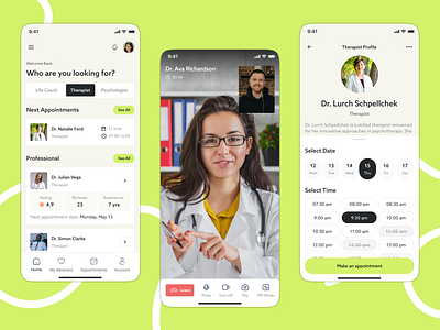 Online Medical Consultations - App UX/UI Design android design app design application appointment bright doctor flat green health ios design light medical meeting online call schedule ux ui ux ui design video call wellness zoom