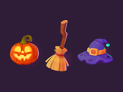 Halloween Icons broom cartoon cute funny halloween hat icons illustration magic pumpkin vector witch wizard