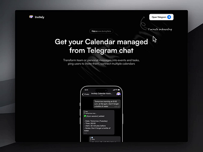 Invitely — AI Calendar Assistant ai ai assistant animation code dark mode framer indie landing messenger no code website