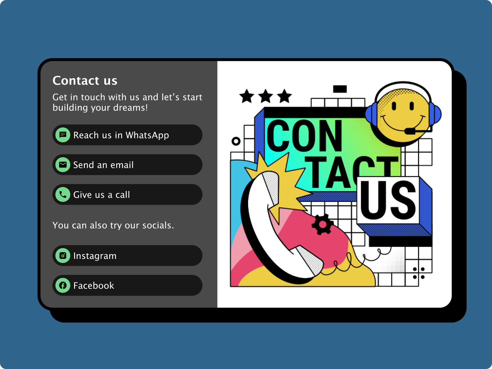 Day 30 of improving my UI skills · #30 Design contact us screen card challenge contact contact us footer socials ui