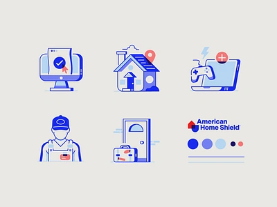 Illustrated Icons - American Home Shield check computer contractor door electronics game handyman house icon illustration location opacity overlap overprint playful retro suitcase travel video game warranty