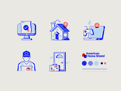 Illustrated Icons - American Home Shield check computer contractor door electronics game handyman house icon illustration location opacity overlap overprint playful retro suitcase travel video game warranty