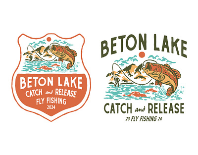 Beton Lake Fly Fishing artwork badge badge design brand brand identity branding design fishing fly fishing graphic design handdrawn illustration logo merch design merchandise outdoors retro t shirt design vector vintage design