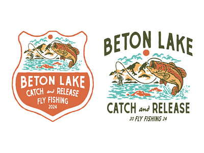 Beton Lake Fly Fishing artwork badge badge design brand brand identity branding design fishing fly fishing graphic design handdrawn illustration logo merch design merchandise outdoors retro t shirt design vector vintage design