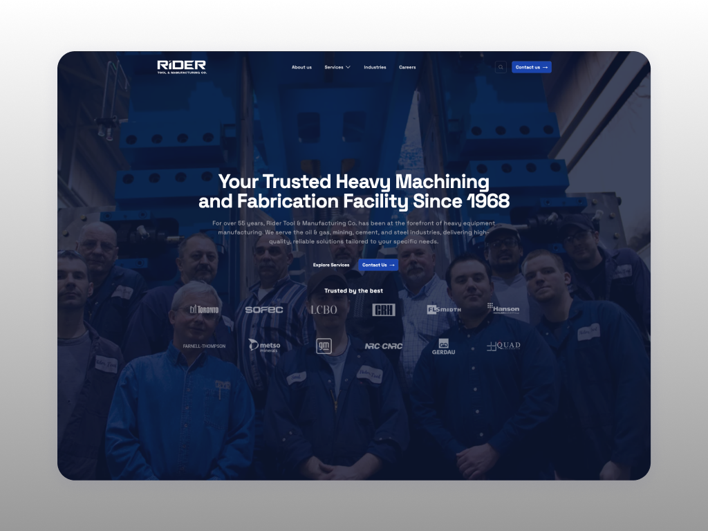 Manufacturing Business Website Landing Page branding custom website development heavy equipment website landing page design local business website manufacturing website nextjs tailwindcss typescript ui