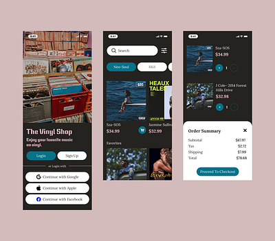 The Vinyl Shop: Modern Vinyl Store App app cart design log in mobile app records sign up typography ui ux vinyl vinyl shop